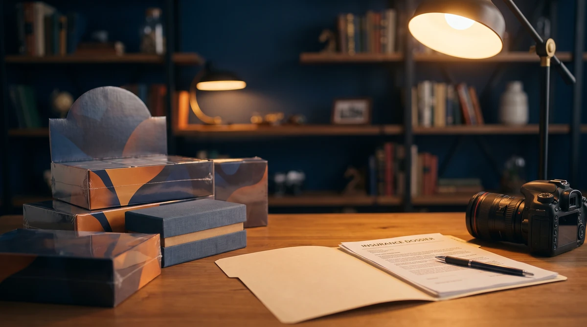 Displays et coffrets scellés sur un bureau, à côté d'un dossier d'assurance ouvert, de fiches d'inventaire et d'un appareil photo