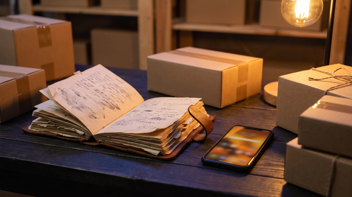 Carnet d'inventaire manuscrit ouvert à côté d'un smartphone affichant une appli, coffrets et cartons autour