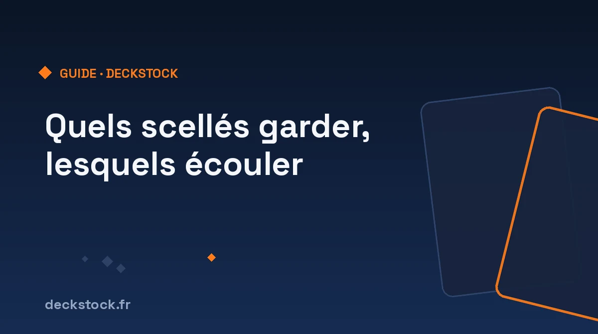 Displays et ETB de jeux de cartes à collectionner rangés sur des étagères, présentation soignée de produits scellés multicolores en bon état