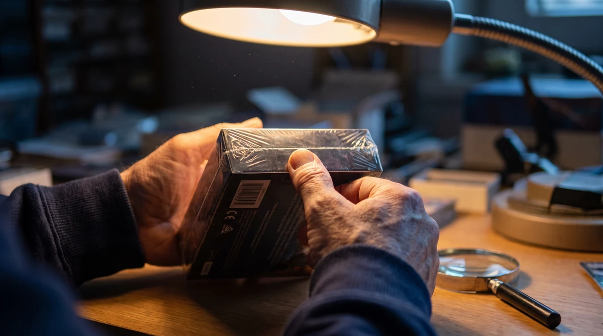 Mains inspectant sous une lampe le cellophane d'un coffret scellé, loupe posée sur le bureau