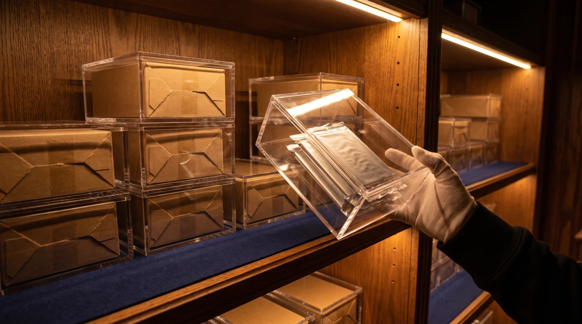 Displays scellés rangés dans des protections acryliques transparentes sur des étagères éclairées
