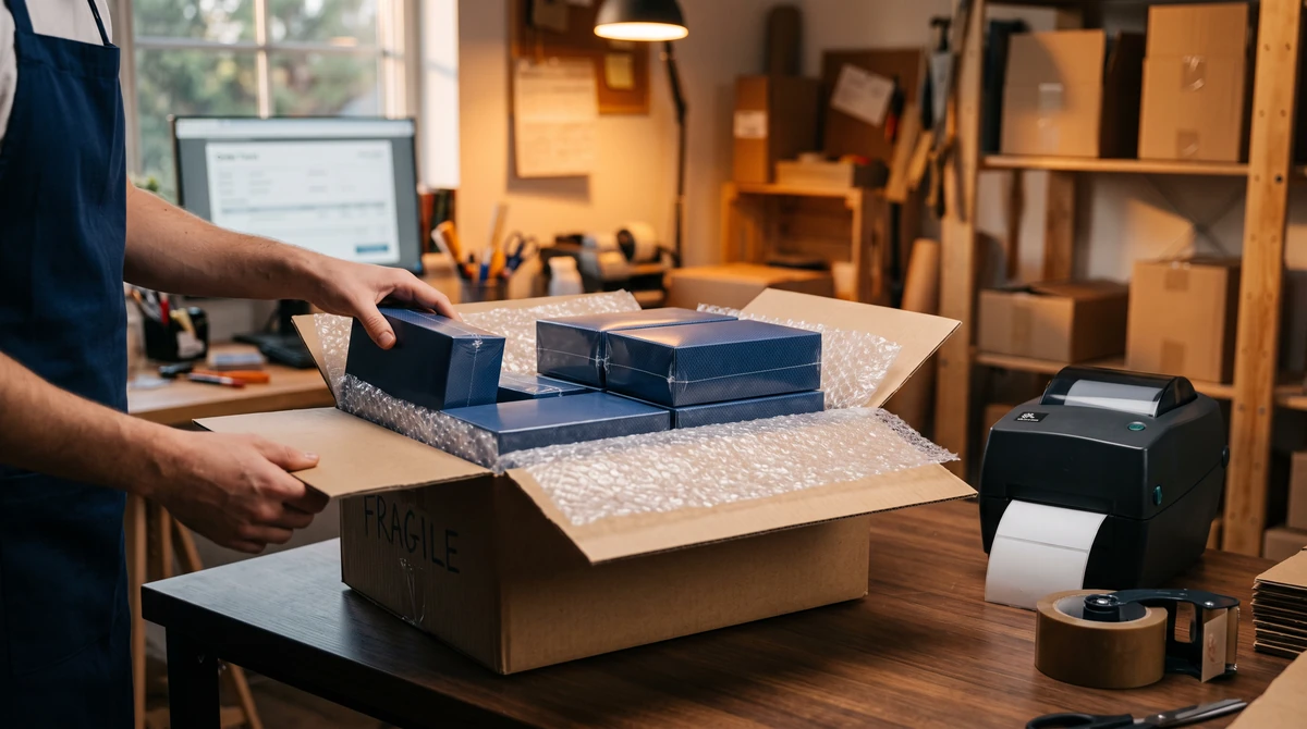 Coffrets scellés emballés avec soin dans un carton d'expédition avec papier bulle et imprimante d'étiquettes