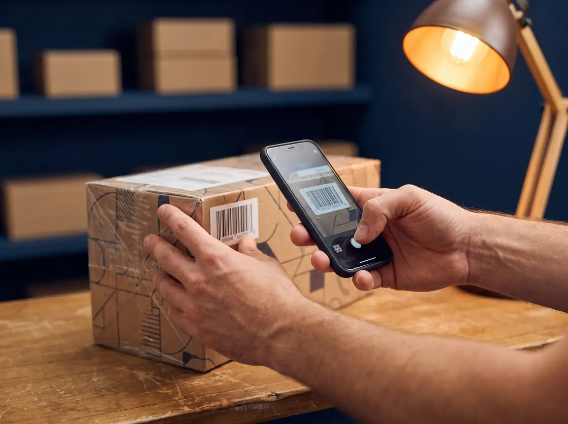 Un vendeur scanne le code-barres d'un produit scellé avec son téléphone, au comptoir