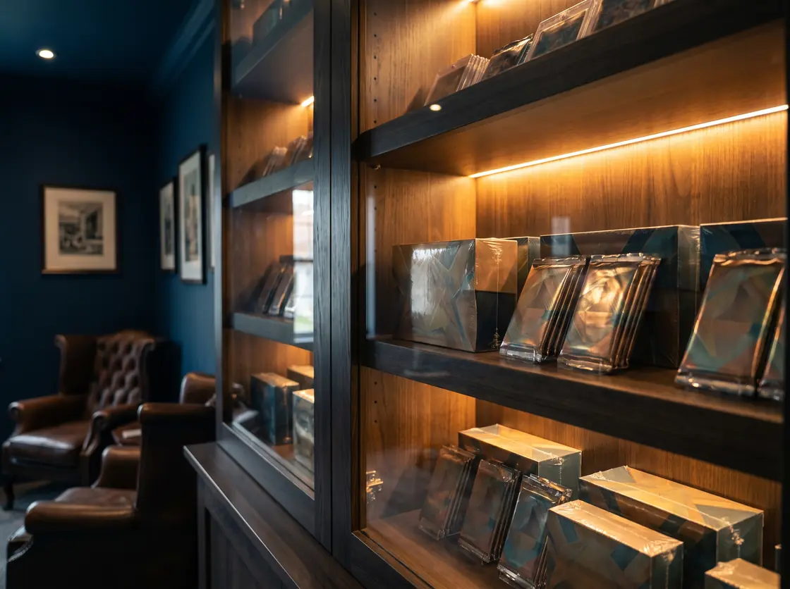 Une vitrine de produits scellés de cartes à collectionner, rétroéclairée